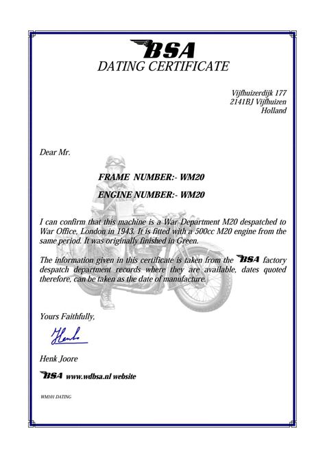 classic motorcycle dating certificate